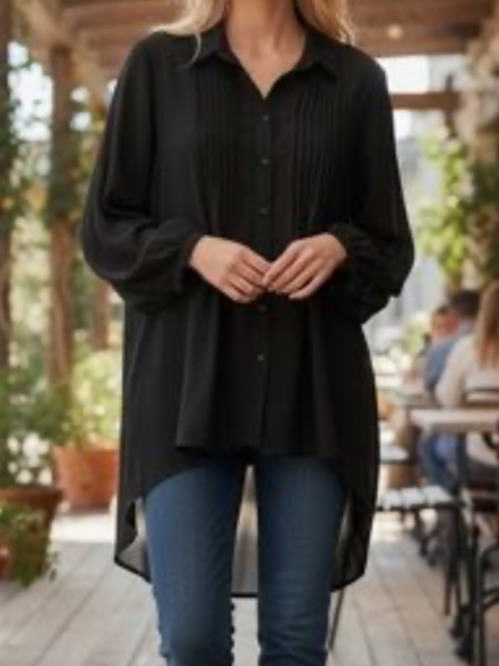 DR2 Black Button-Front Tunic with Pleated Yoke